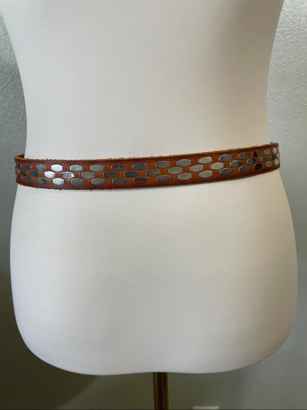 J. Crew Silver Tone Studded Brown Leather Skinny Belt Large Moto Biker Casual - Picture 4 of 9